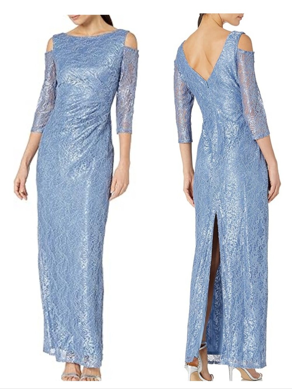Marina Blue Glitter Lace Ruched Dress Gown Size 12 Baby Blue